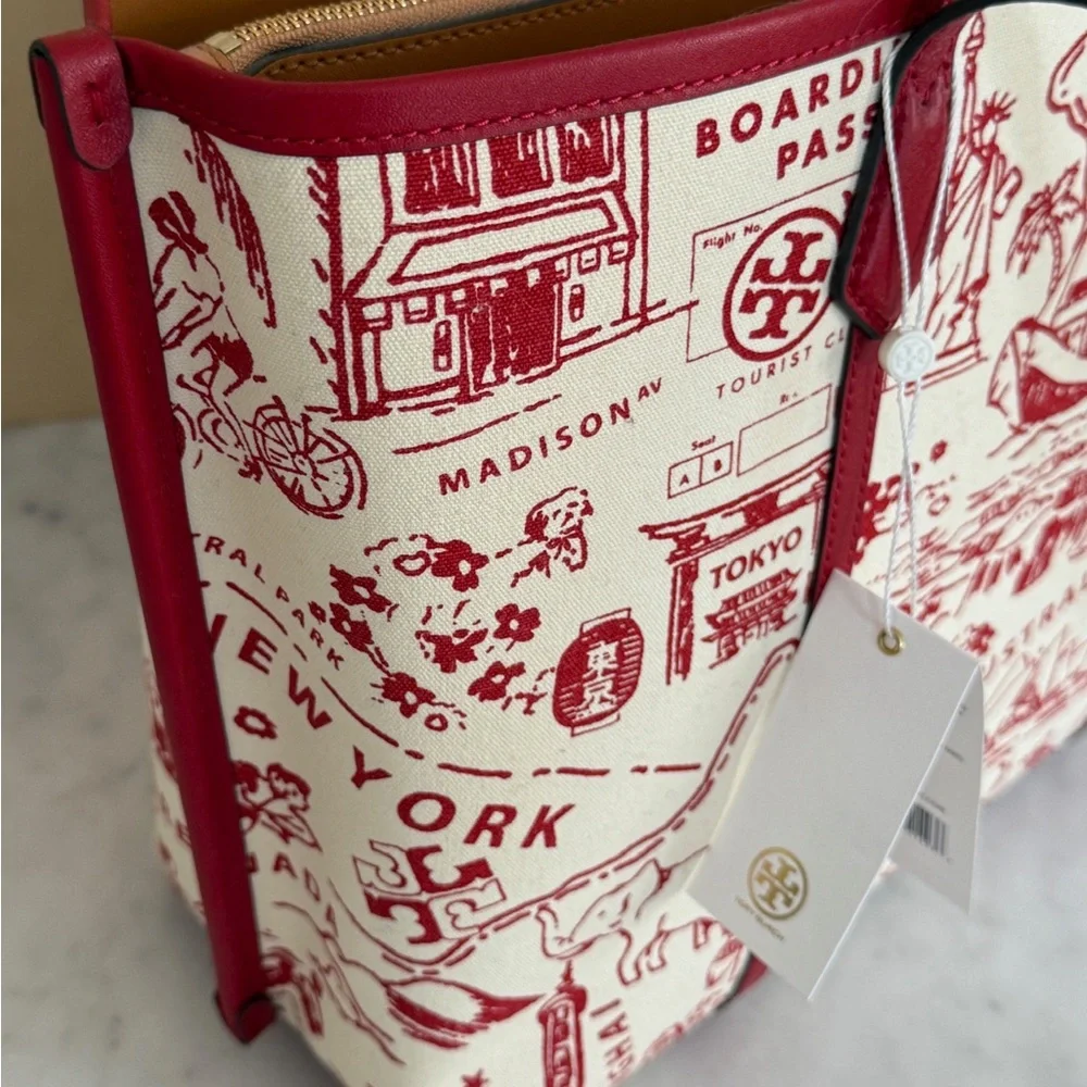 NWT Tory Burch Illustrated Tote in Red Cream highlighting international cities - Picture 5 of 13